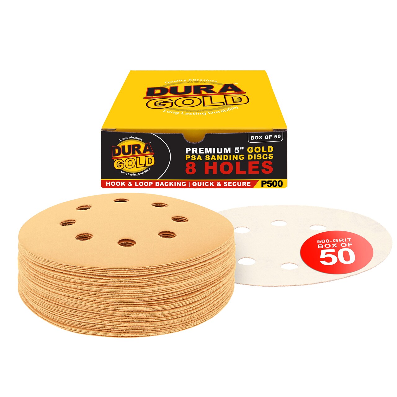 500 Grit - 5" Gold DA Sanding Discs - 8-Hole Pattern Hook and Loop - Box of 50